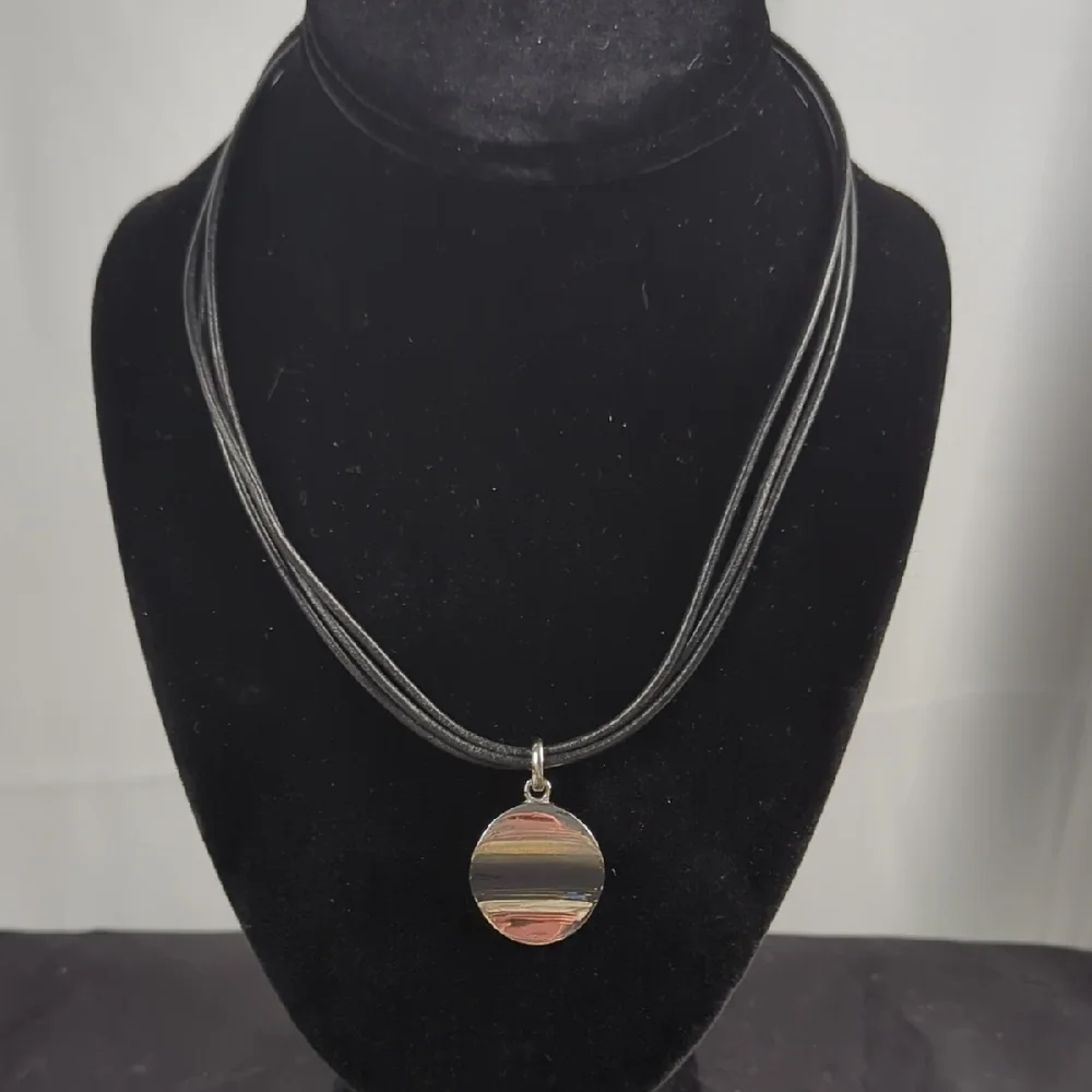Multi-Strand Black Cord Necklace with Striped Round Pendant - Picture 1 of 1